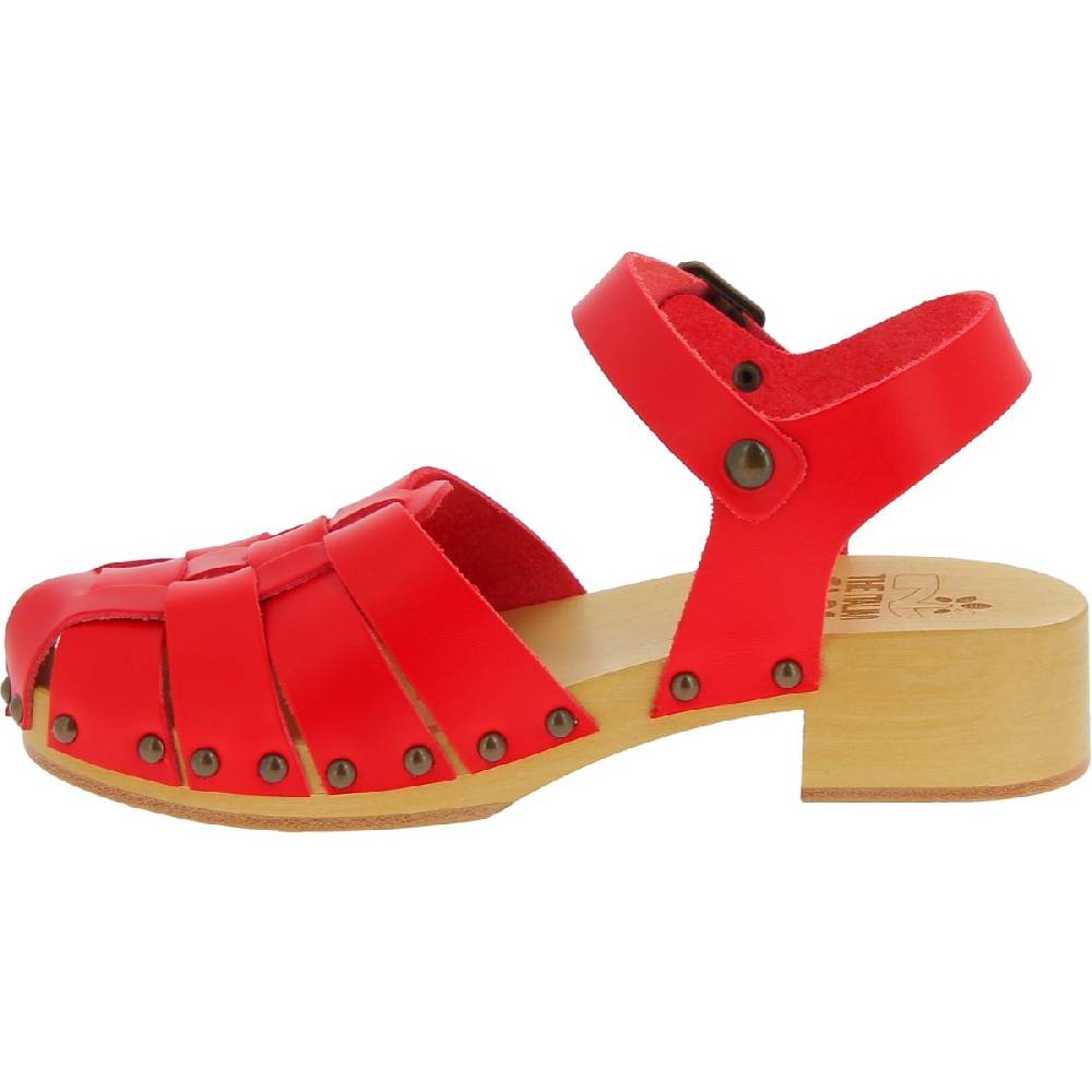Lartigiano Del Cuoio Zoccoli da donna in legno artigianali con tomaia a gabbia in pelle rossa Saldi