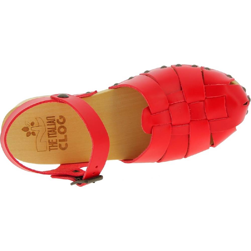 Lartigiano Del Cuoio Zoccoli da donna in legno artigianali con tomaia a gabbia in pelle rossa Saldi