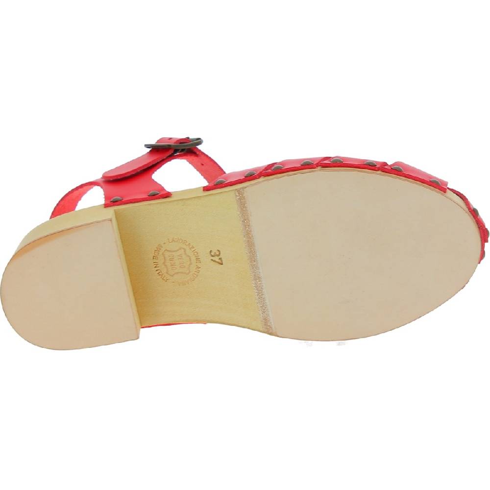 Lartigiano Del Cuoio Zoccoli da donna in legno artigianali con tomaia a gabbia in pelle rossa Saldi
