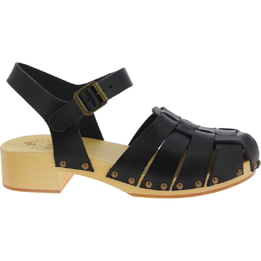 Lartigiano Del Cuoio Zoccoli in legno artigianali da donna con tomaia a gabbia in pelle nera Qualità Garantita
