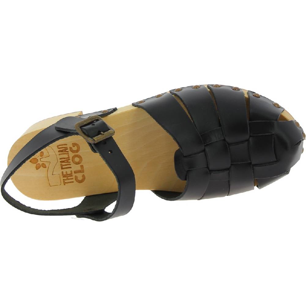 Lartigiano Del Cuoio Zoccoli in legno artigianali da donna con tomaia a gabbia in pelle nera Qualità Garantita