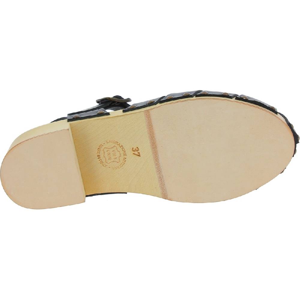 Lartigiano Del Cuoio Zoccoli in legno artigianali da donna con tomaia a gabbia in pelle nera Qualità Garantita