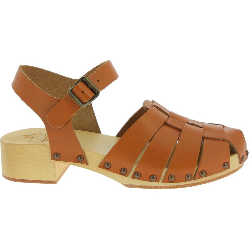 Lartigiano Del Cuoio Zoccoli donna in legno artigianali con tomaia a gabbia in pelle color cuoio Presa