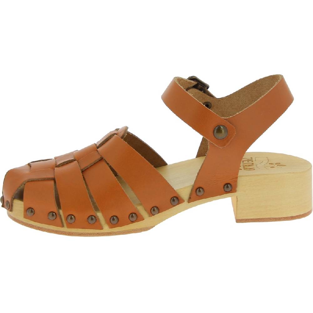 Lartigiano Del Cuoio Zoccoli donna in legno artigianali con tomaia a gabbia in pelle color cuoio Presa