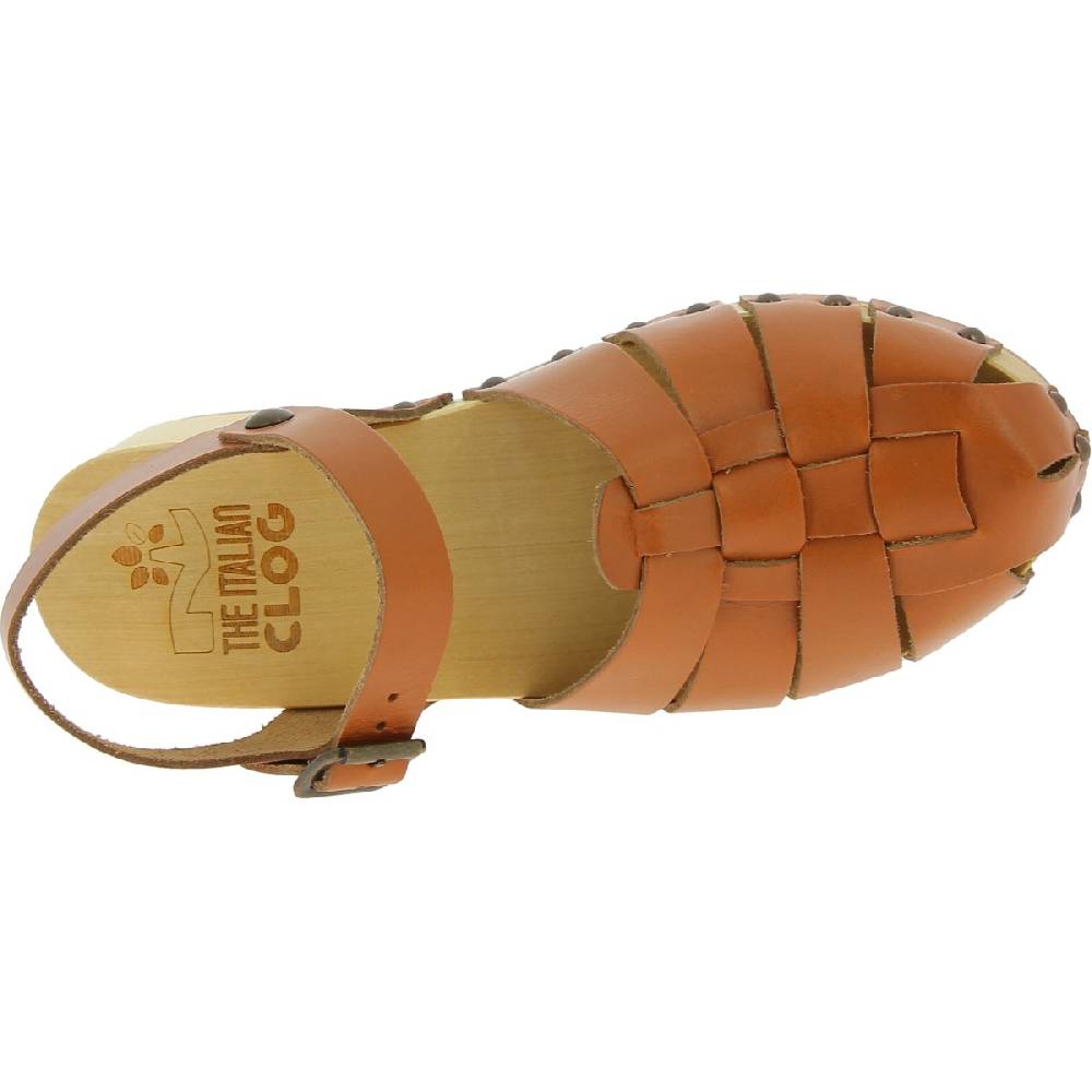 Lartigiano Del Cuoio Zoccoli donna in legno artigianali con tomaia a gabbia in pelle color cuoio Presa