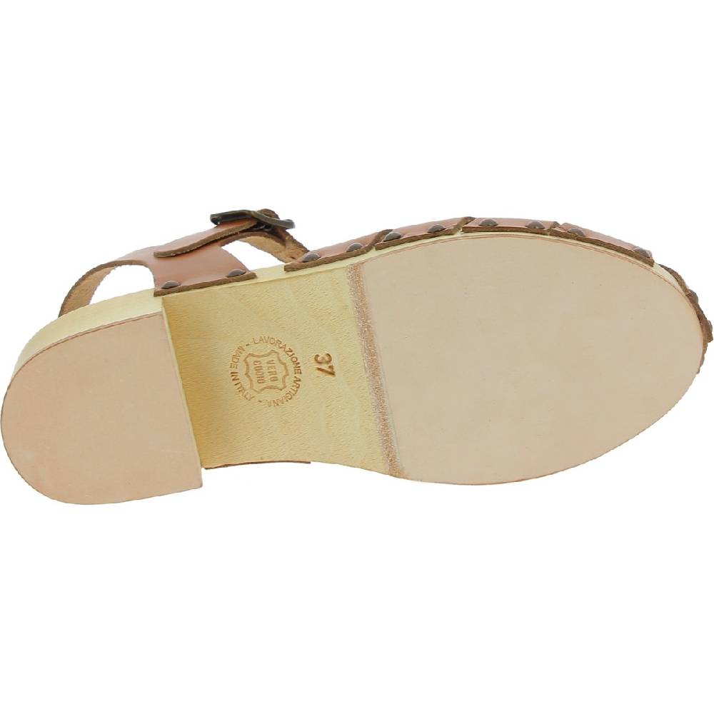 Lartigiano Del Cuoio Zoccoli donna in legno artigianali con tomaia a gabbia in pelle color cuoio Presa