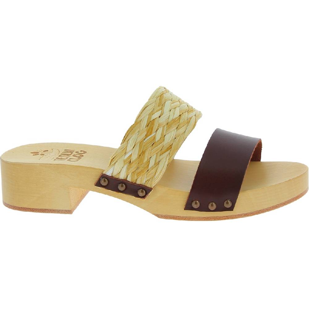 Lartigiano Del Cuoio Sabot in legno da donna artigianali con fascia in rafia e pelle testa di moro Vendite Flash