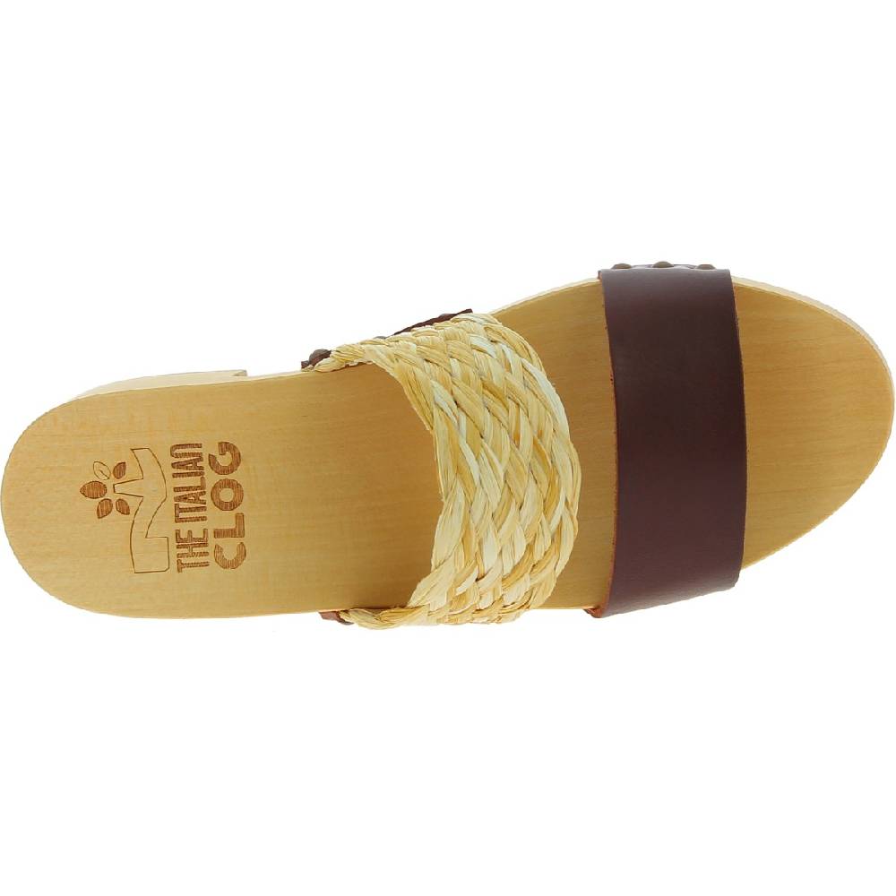 Lartigiano Del Cuoio Sabot in legno da donna artigianali con fascia in rafia e pelle testa di moro Vendite Flash