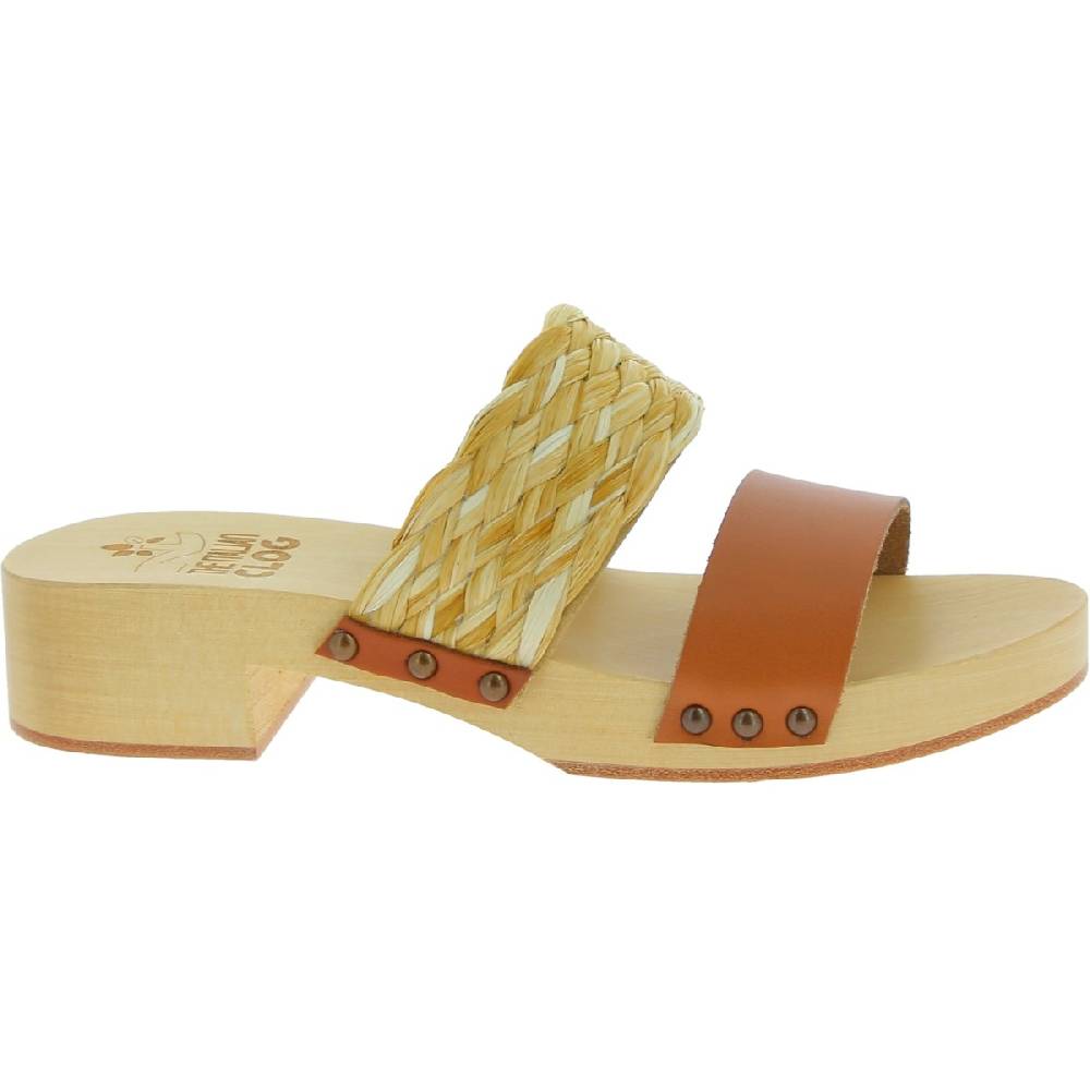 Lartigiano Del Cuoio Sabot in legno da donna artigianali con fascia in rafia e pelle color cuoio 2025