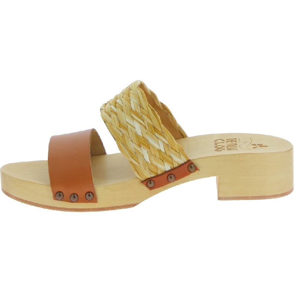 Lartigiano Del Cuoio Sabot in legno da donna artigianali con fascia in rafia e pelle color cuoio 2025