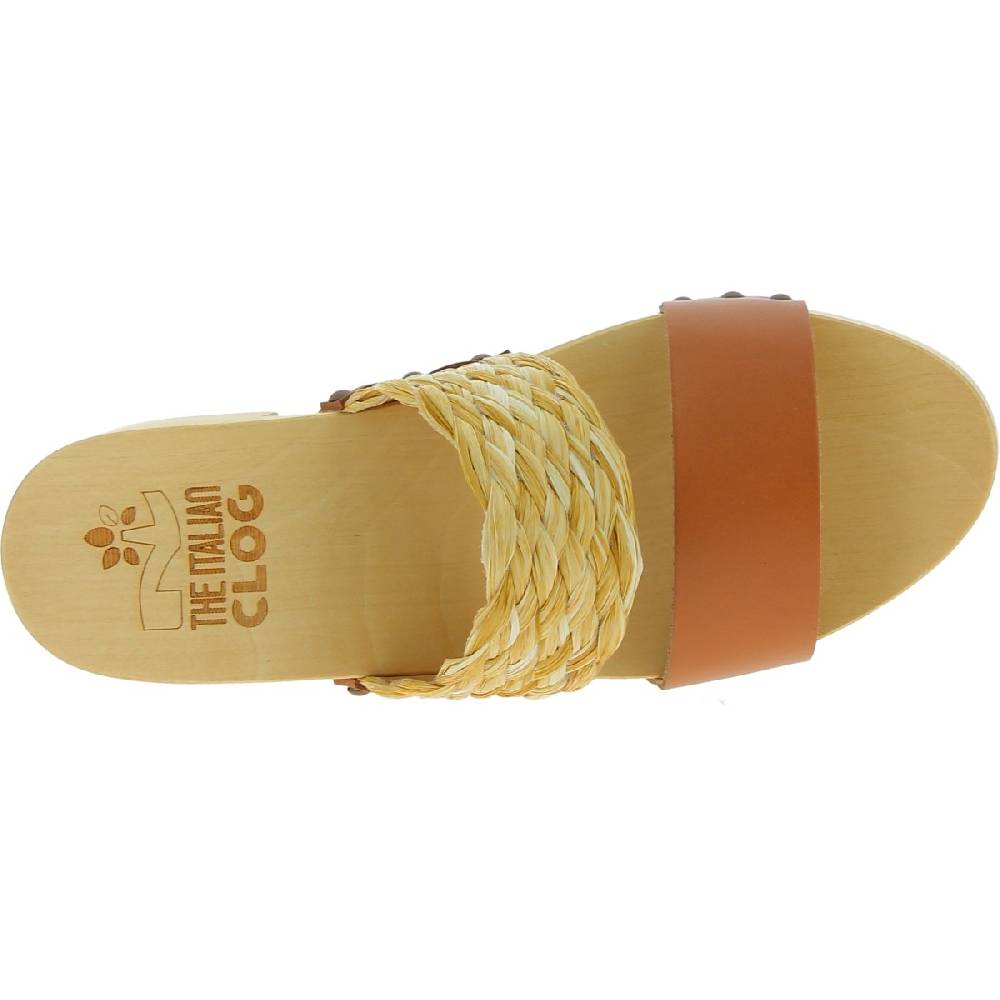 Lartigiano Del Cuoio Sabot in legno da donna artigianali con fascia in rafia e pelle color cuoio 2025