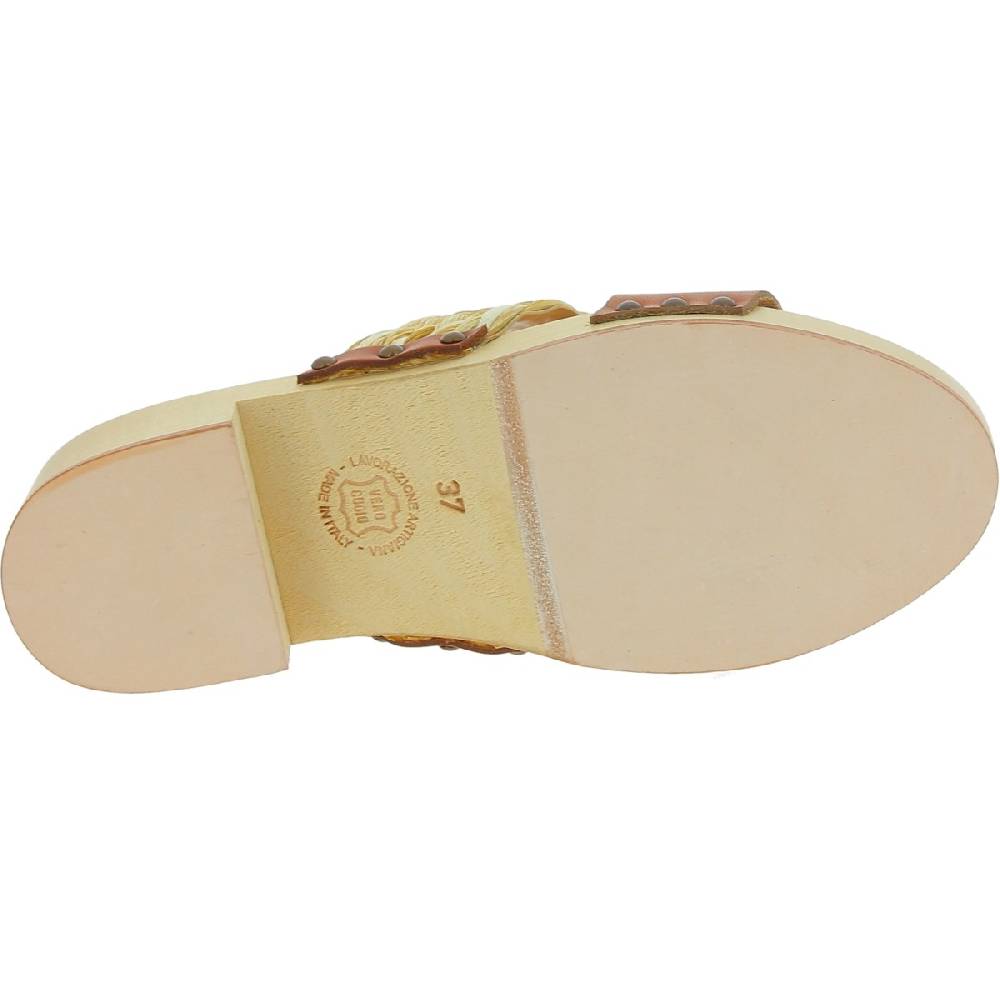 Lartigiano Del Cuoio Sabot in legno da donna artigianali con fascia in rafia e pelle color cuoio 2025