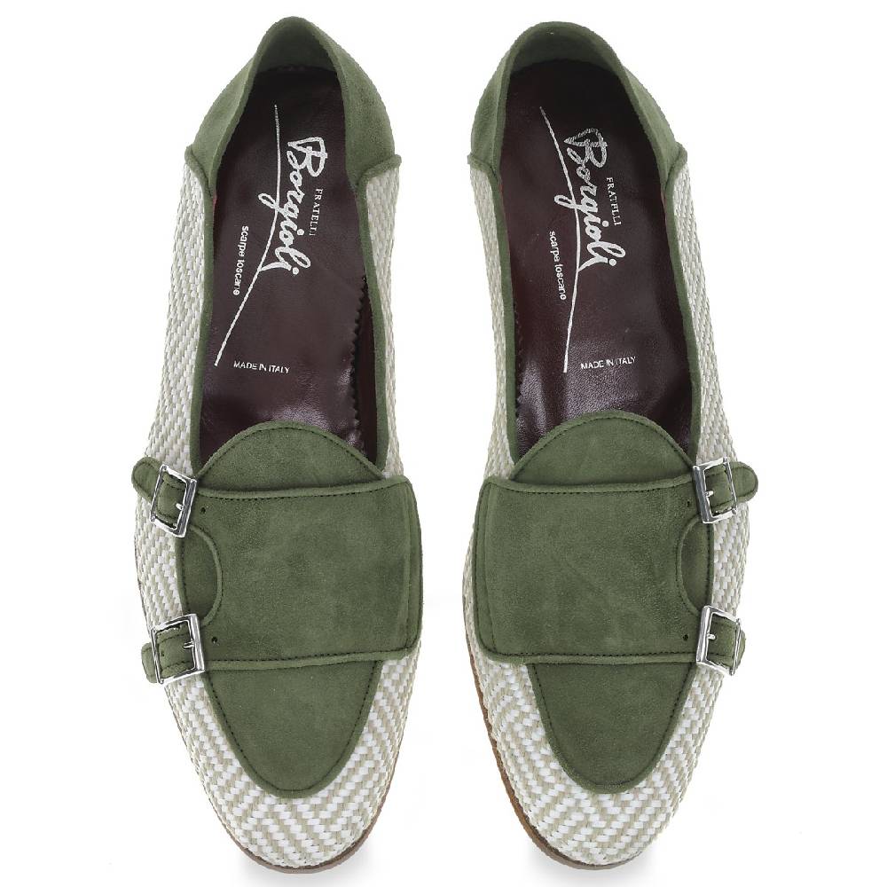 Lartigiano Del Cuoio Mocassino doppia fibbia in camoscio verde e tessuto intrecciato - Fratelli Borgioli Saldi