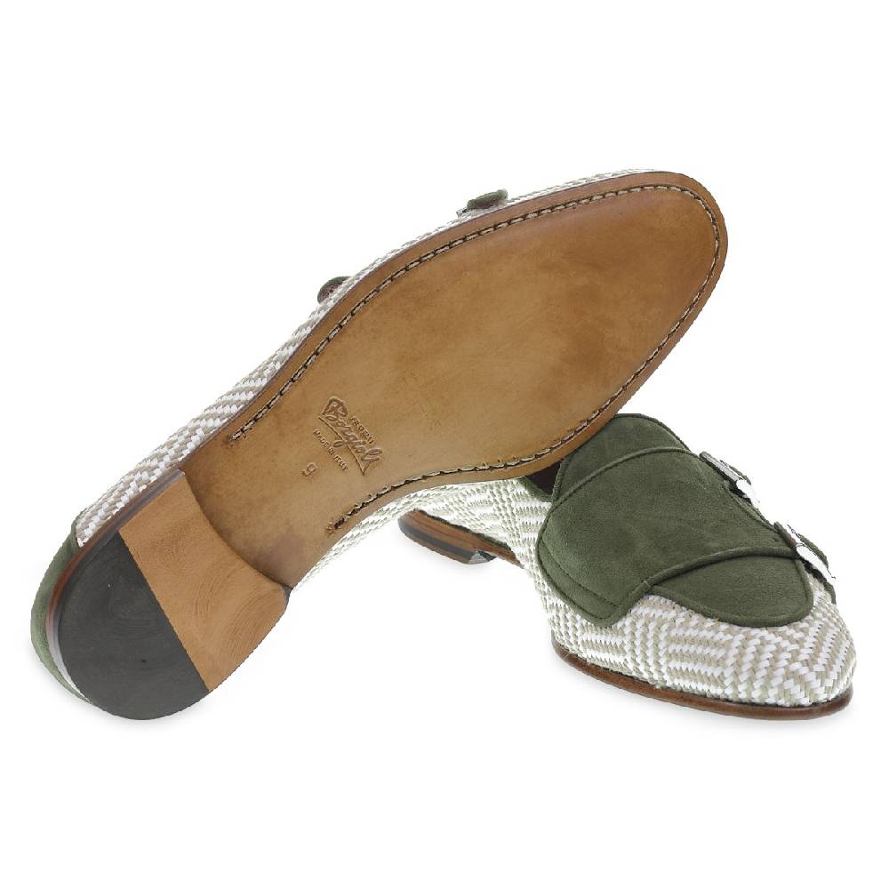 Lartigiano Del Cuoio Mocassino doppia fibbia in camoscio verde e tessuto intrecciato - Fratelli Borgioli Saldi