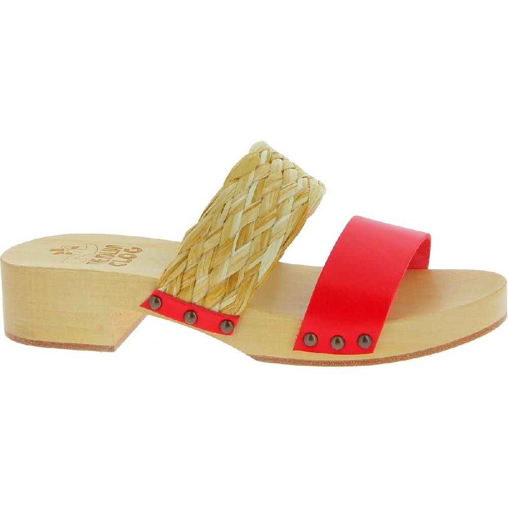 Lartigiano Del Cuoio Sabot in legno da donna artigianali con fascia in rafia e pelle rossa Promozione