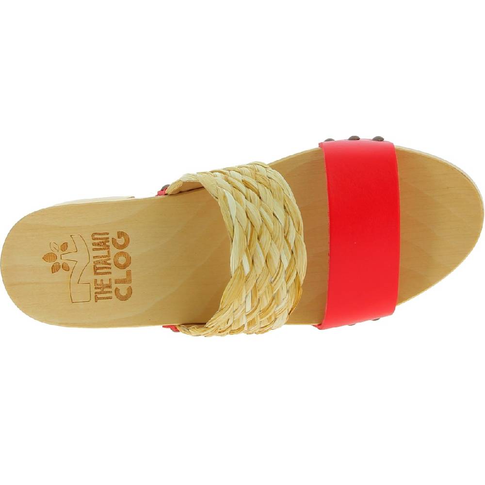 Lartigiano Del Cuoio Sabot in legno da donna artigianali con fascia in rafia e pelle rossa Promozione