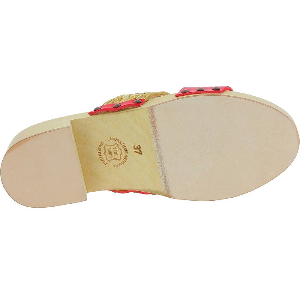 Lartigiano Del Cuoio Sabot in legno da donna artigianali con fascia in rafia e pelle rossa Promozione