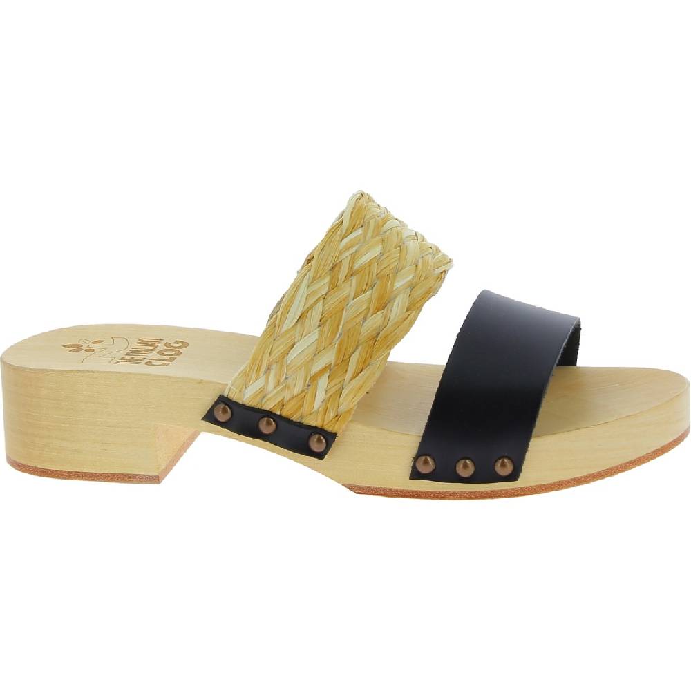 Lartigiano Del Cuoio Sabot da donna in legno artigianali con fascia in rafia e pelle nero Qualità