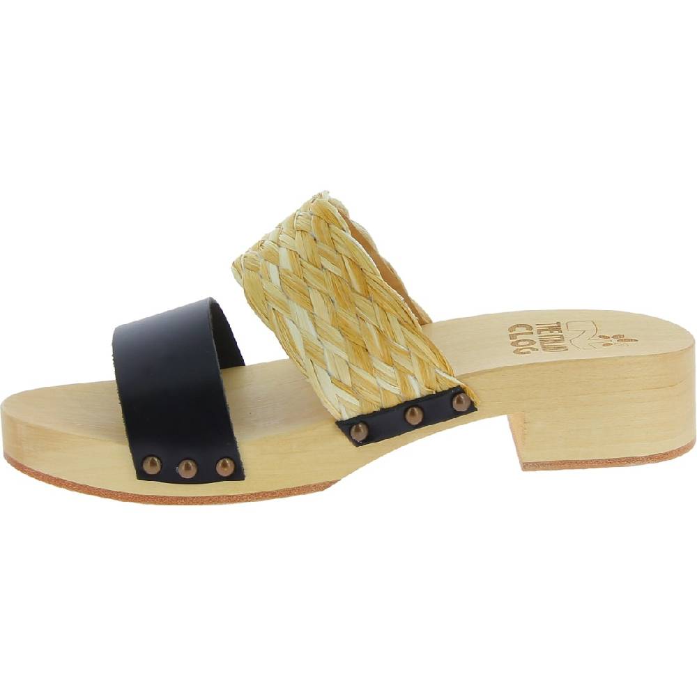 Lartigiano Del Cuoio Sabot da donna in legno artigianali con fascia in rafia e pelle nero Qualità