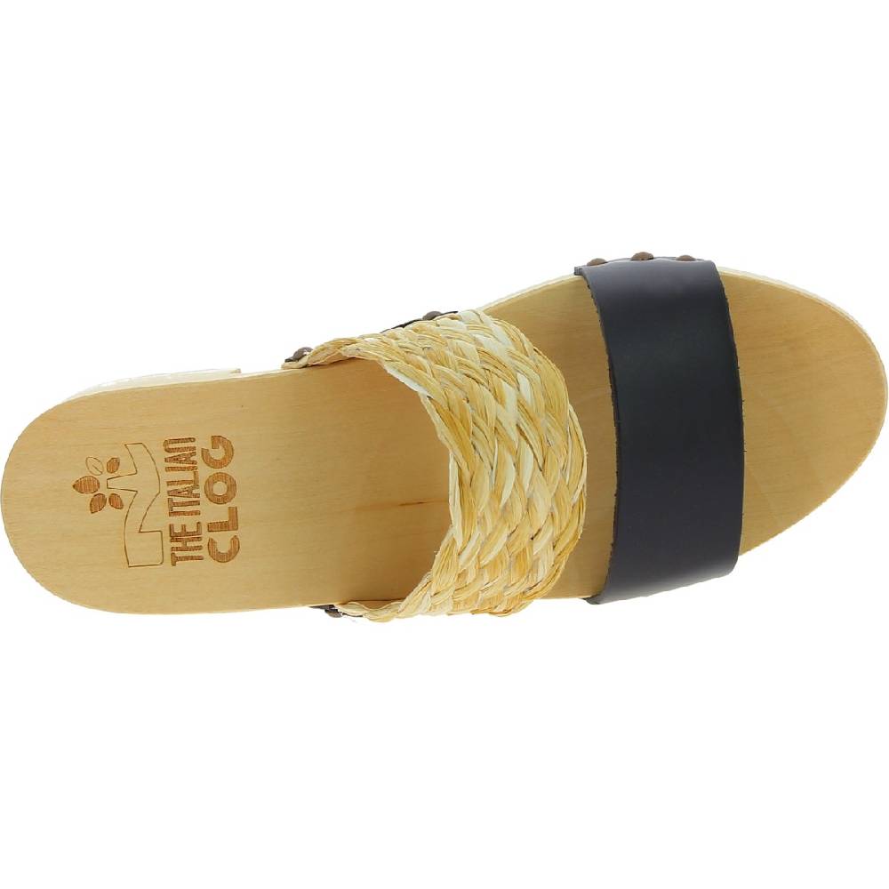 Lartigiano Del Cuoio Sabot da donna in legno artigianali con fascia in rafia e pelle nero Qualità