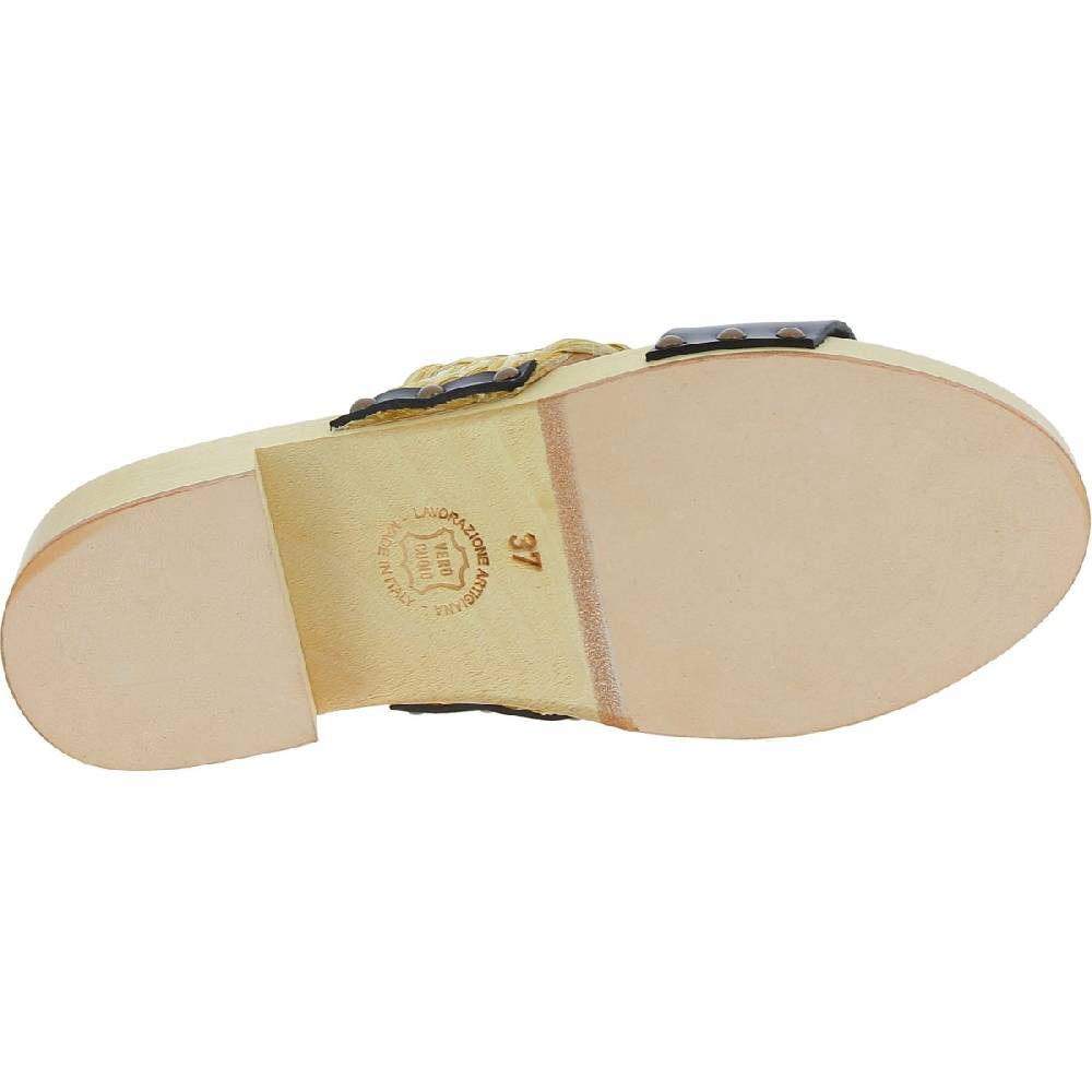 Lartigiano Del Cuoio Sabot da donna in legno artigianali con fascia in rafia e pelle nero Qualità