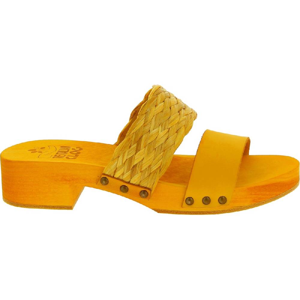 Lartigiano Del Cuoio Sabot da donna giallo in legno artigianali con fascia in rafia e pelle Negozi Online
