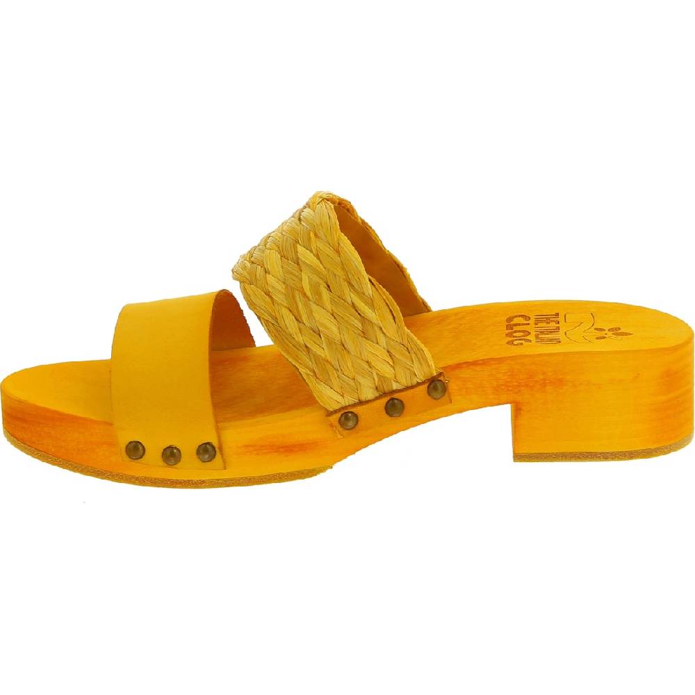 Lartigiano Del Cuoio Sabot da donna giallo in legno artigianali con fascia in rafia e pelle Negozi Online