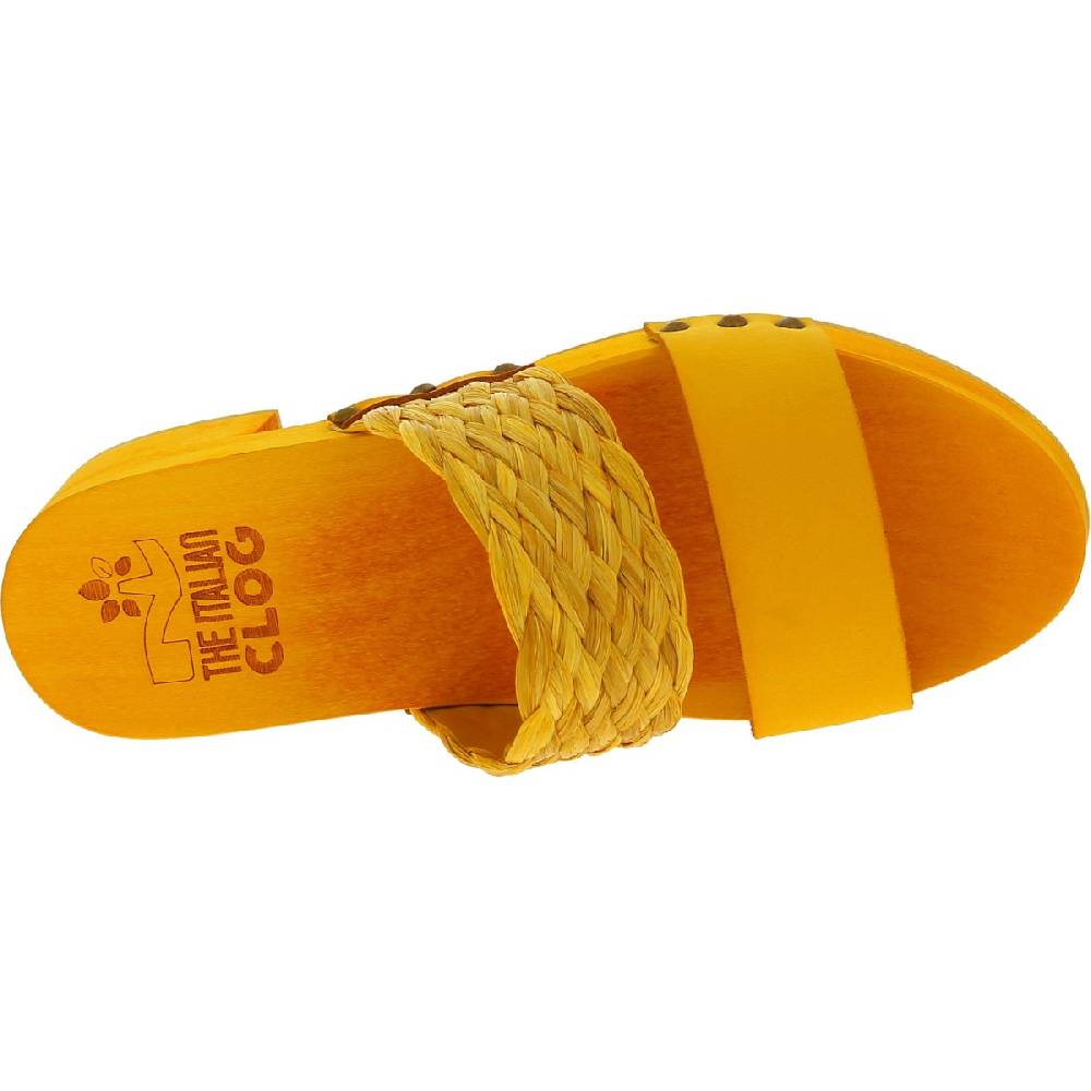 Lartigiano Del Cuoio Sabot da donna giallo in legno artigianali con fascia in rafia e pelle Negozi Online