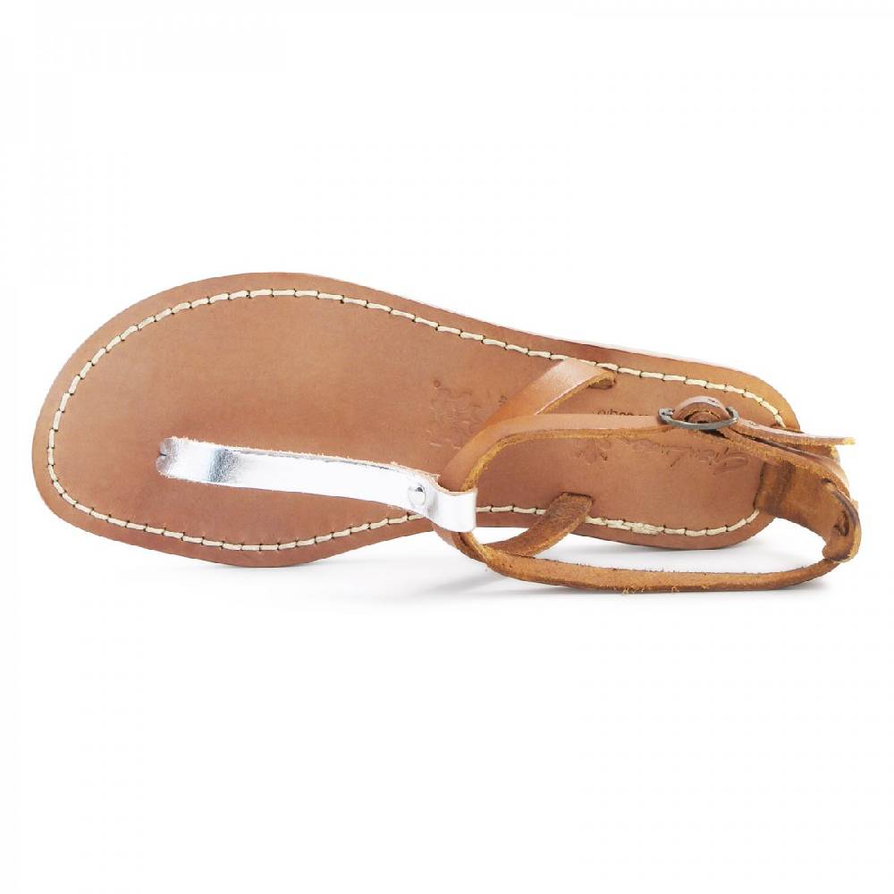 Lartigiano Del Cuoio Sandali infradito donna in pelle bicolore cuoio e argento Offerta