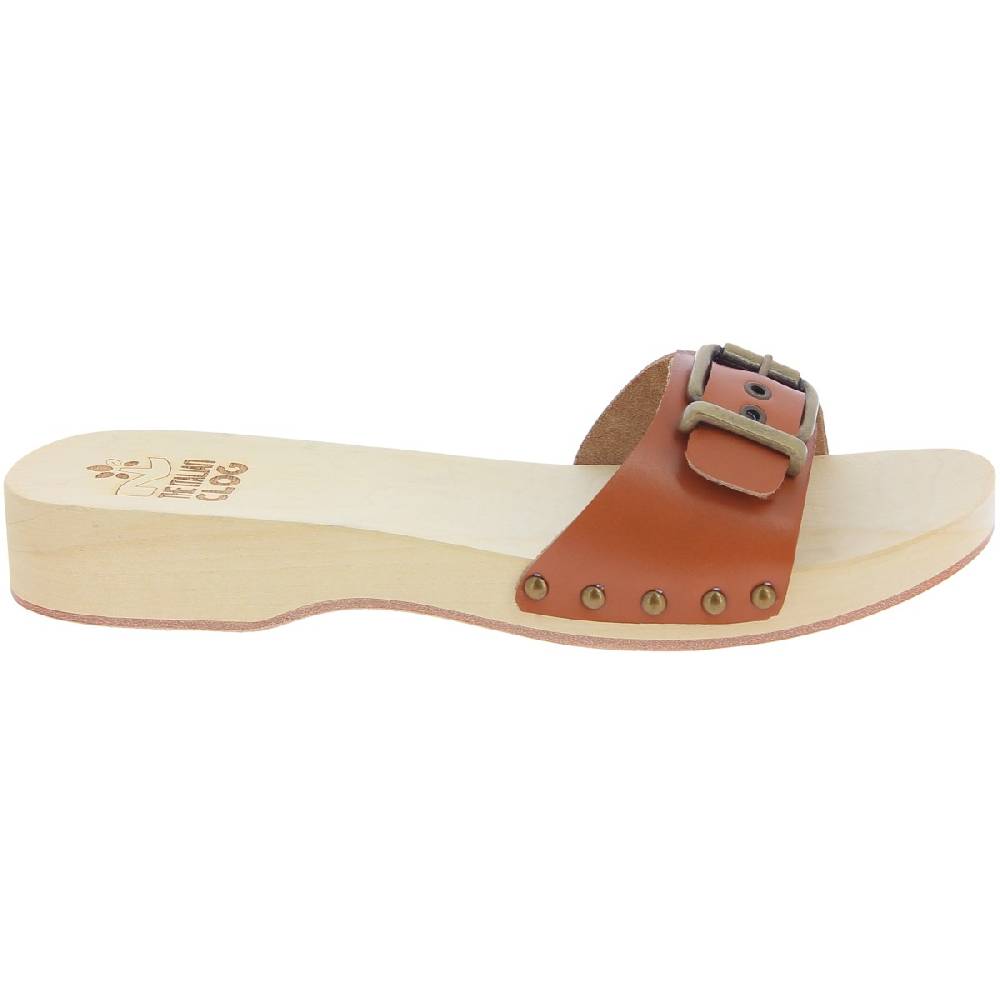 Lartigiano Del Cuoio Zoccoli in legno uomo con fascia regolabile in pelle color cuoio In Vendita