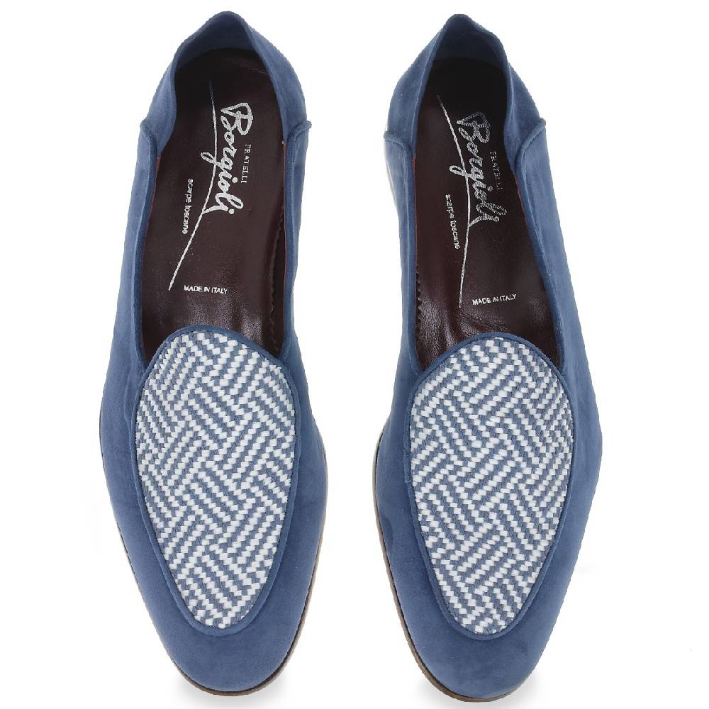 Lartigiano Del Cuoio Mocassino in camoscio azzurro e tessuto intrecciato fatto a mano Offerte