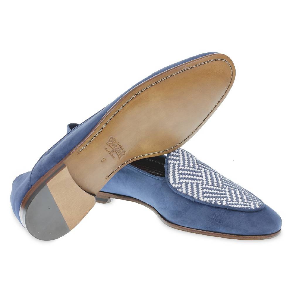 Lartigiano Del Cuoio Mocassino in camoscio azzurro e tessuto intrecciato fatto a mano Offerte