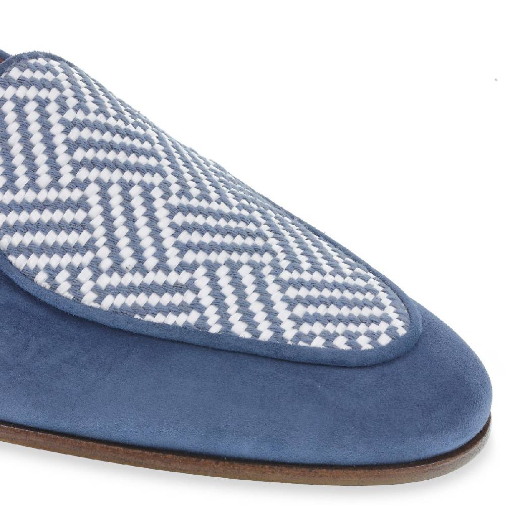 Lartigiano Del Cuoio Mocassino in camoscio azzurro e tessuto intrecciato fatto a mano Offerte