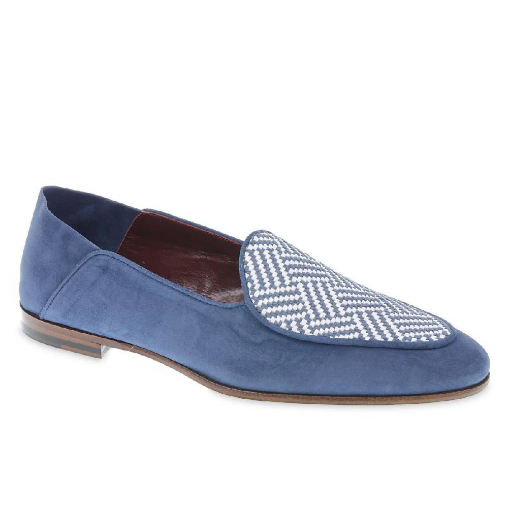 Lartigiano Del Cuoio Mocassino in camoscio azzurro e tessuto intrecciato fatto a mano Offerte