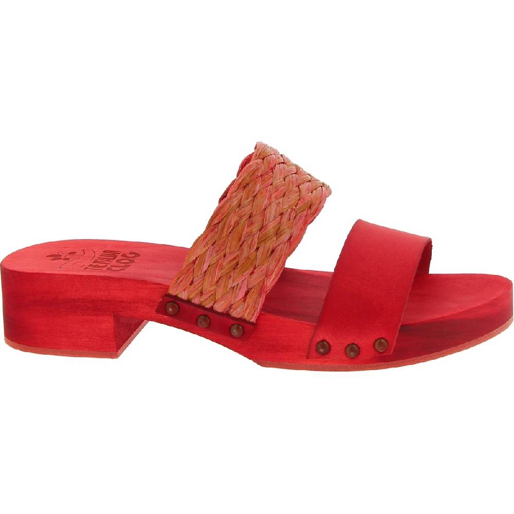 Lartigiano Del Cuoio Sabot da donna rosso in legno artigianali con fascia in rafia e pelle Nuovo