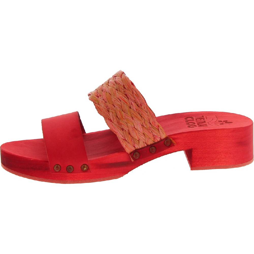 Lartigiano Del Cuoio Sabot da donna rosso in legno artigianali con fascia in rafia e pelle Nuovo
