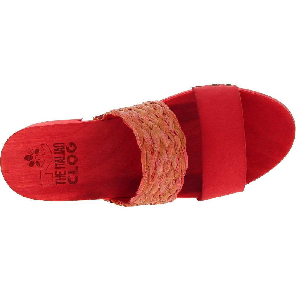 Lartigiano Del Cuoio Sabot da donna rosso in legno artigianali con fascia in rafia e pelle Nuovo