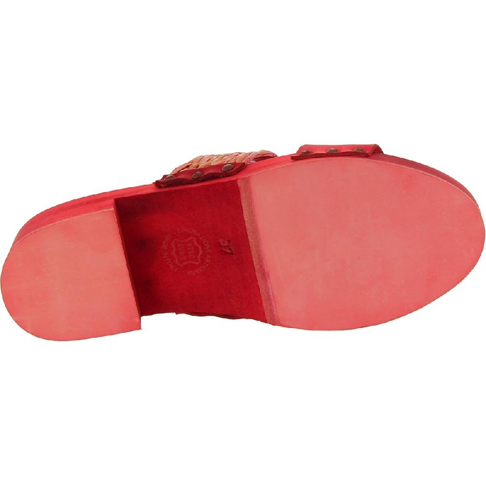 Lartigiano Del Cuoio Sabot da donna rosso in legno artigianali con fascia in rafia e pelle Nuovo