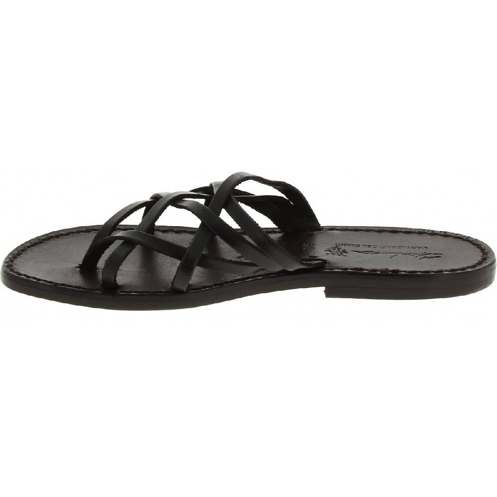 Lartigiano Del Cuoio Ciabatte da donna fatte a mano in pelle intrecciata nero con suola in cuoio Spedizione Gratuita