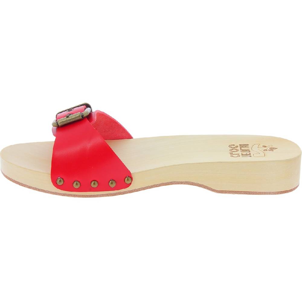 Lartigiano Del Cuoio Zoccoli di legno artigianali da donna con fascia regolabile in pelle rossa Qualità Garantita
