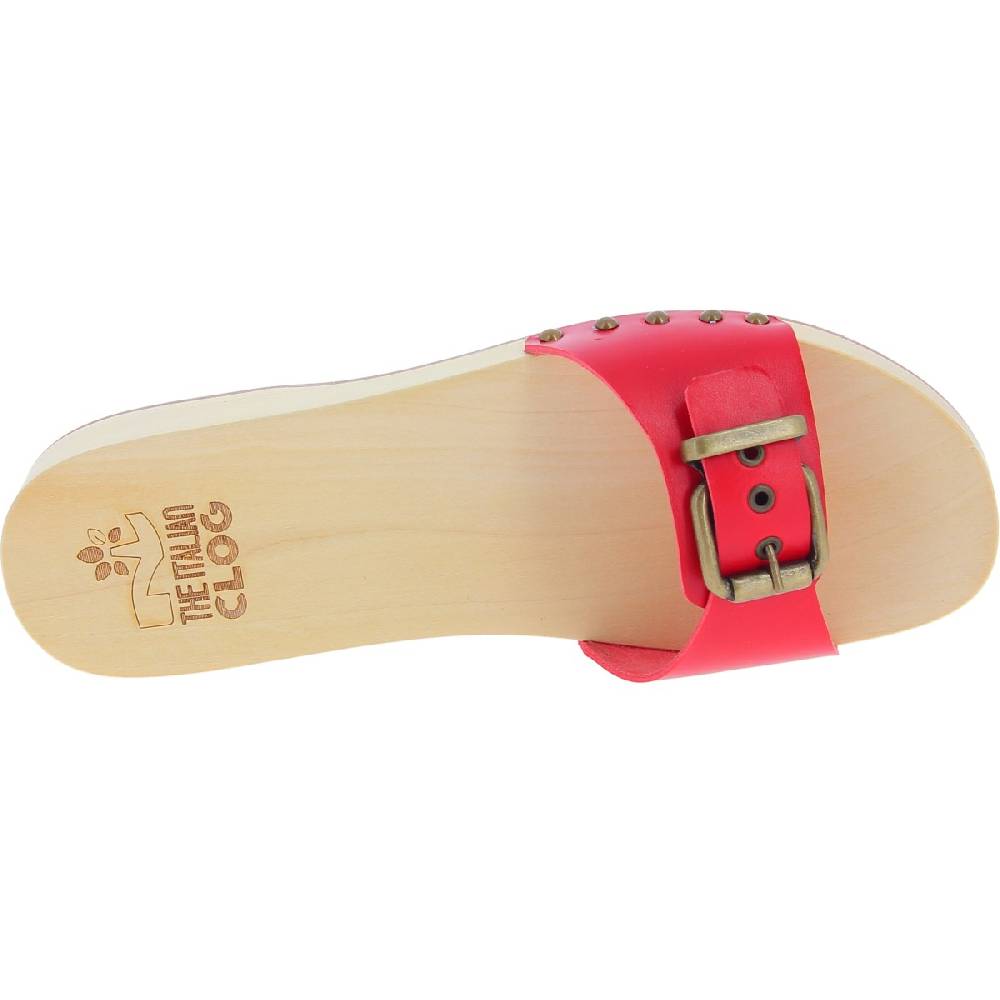 Lartigiano Del Cuoio Zoccoli di legno artigianali da donna con fascia regolabile in pelle rossa Qualità Garantita