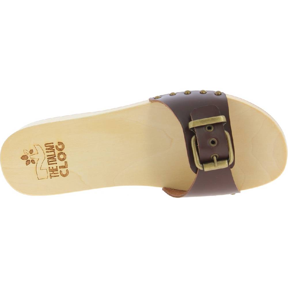 Lartigiano Del Cuoio Zoccoli in legno donna con fascia regolabile in pelle marrone scuro Affare Del Giorno