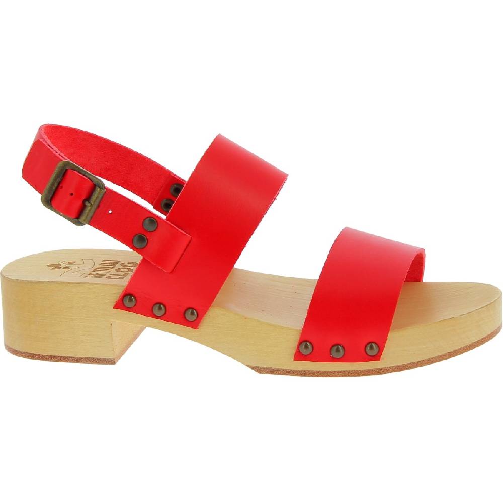 Lartigiano Del Cuoio Zoccoli donna in legno con fasce in pelle rossa Nuovo