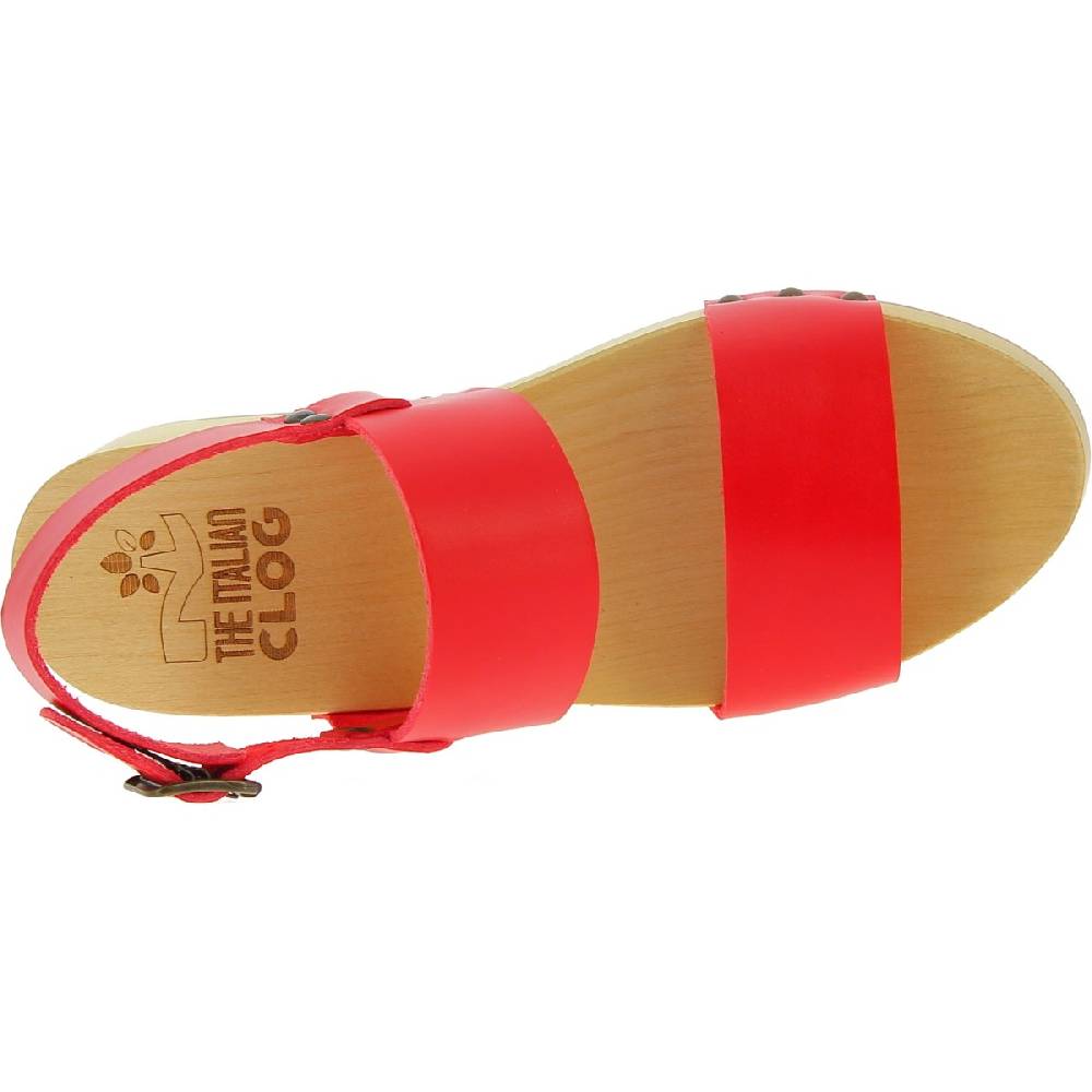 Lartigiano Del Cuoio Zoccoli donna in legno con fasce in pelle rossa Nuovo
