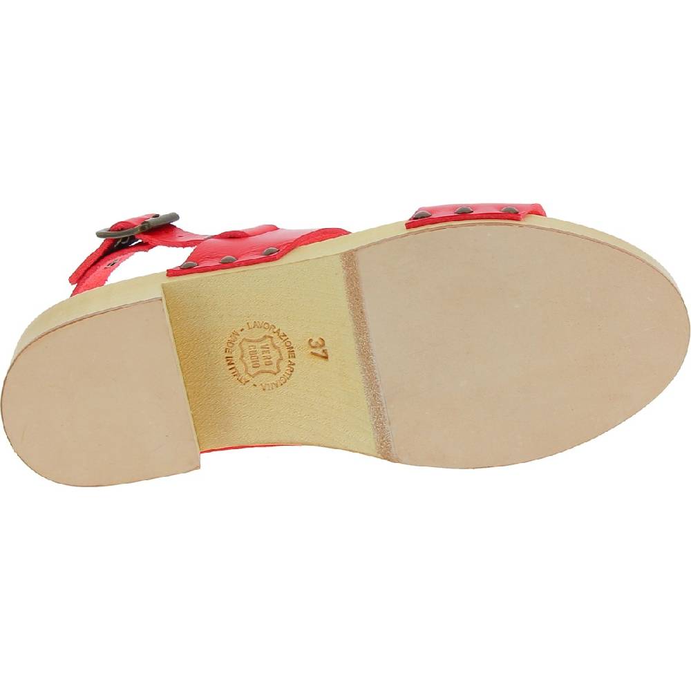 Lartigiano Del Cuoio Zoccoli donna in legno con fasce in pelle rossa Nuovo