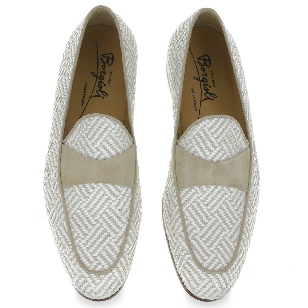 Lartigiano Del Cuoio Mocassino penny in camoscio e tessuto intrecciato bianco e beige Outlet
