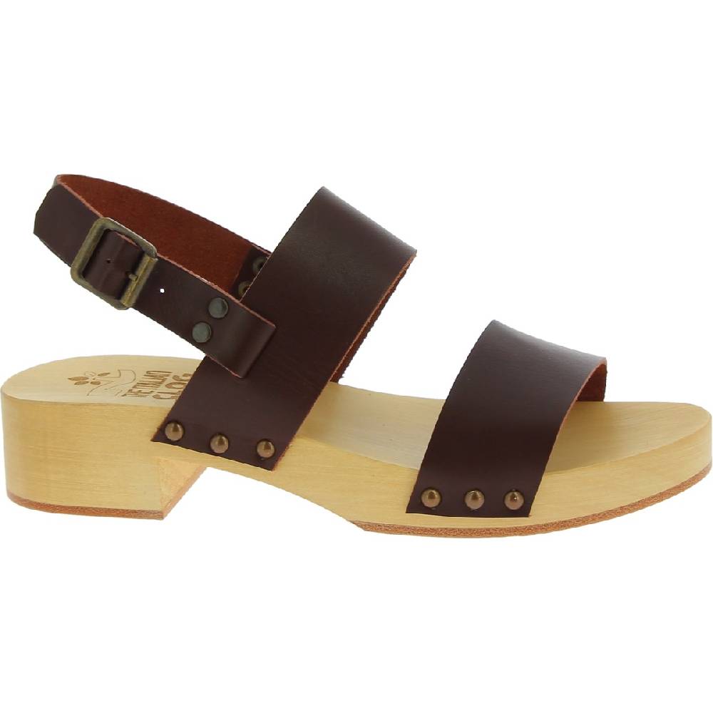 Lartigiano Del Cuoio Zoccoli donna in legno con fasce in pelle marrone scuro Vendita Calda