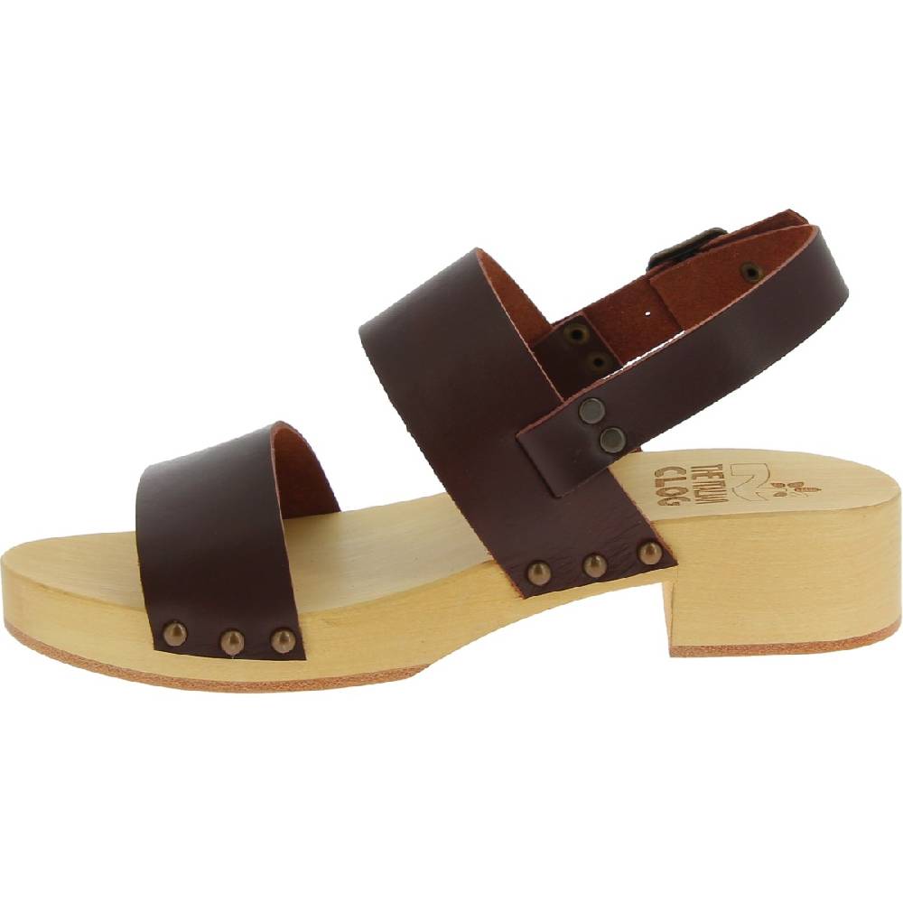 Lartigiano Del Cuoio Zoccoli donna in legno con fasce in pelle marrone scuro Vendita Calda