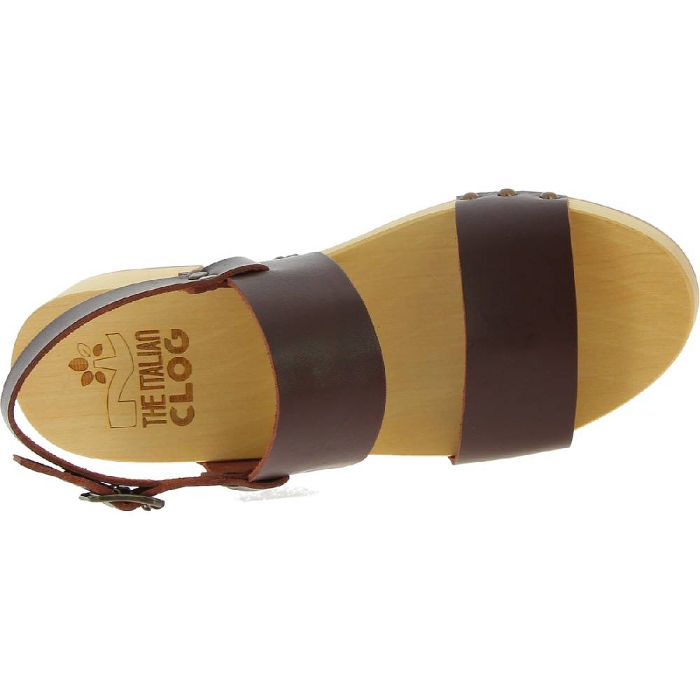 Lartigiano Del Cuoio Zoccoli donna in legno con fasce in pelle marrone scuro Vendita Calda