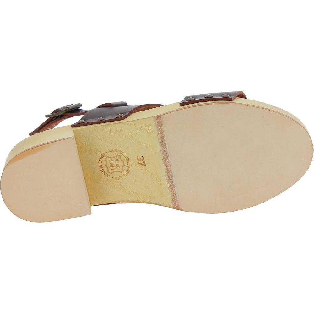 Lartigiano Del Cuoio Zoccoli donna in legno con fasce in pelle marrone scuro Vendita Calda